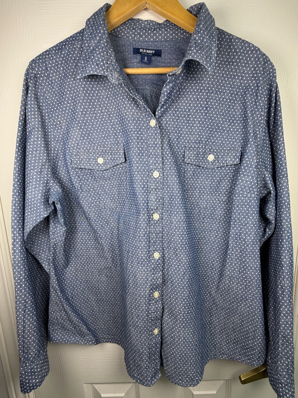 Old Navy Blue Chambray Dot Print Shirt XL 100% Cotton Button-Down Cottagecore
